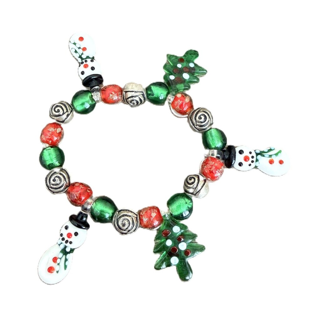 Christmas Lampwork Glass Snowman Tree Charm Stretch Bracelet Holiday Jewelry Fe